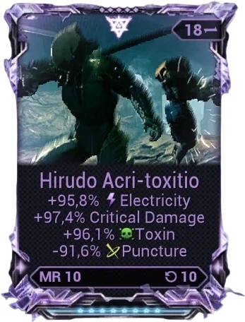 Warframe Riven Mod card showing weapon stats and attributes - Rubico Riven example